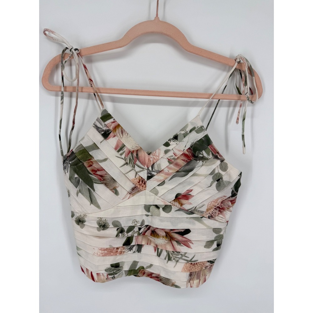 Express Floral Crop Top Women XS Cream Linen Blend Smocked Tie Shoulder‎ Cami